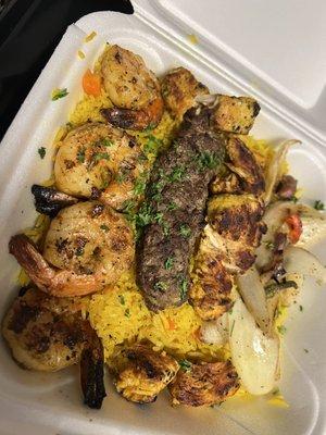 Shrimp kabob, kofta kabob, chicken kabob, mixed grilled veggies, yellow rice.