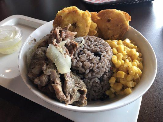 Congri Rice with Bistec, corn and Tostones