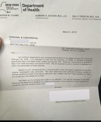 One of Many State investigation regarding unlawful conduct by Siddhartha Nadkarni