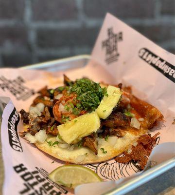 Gringa: Flour tortilla w/ al pastor, melted jack cheese, onions, cilantro ($8 +$3 to add shrimp)