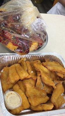Fried catfish fillets, crawfish.