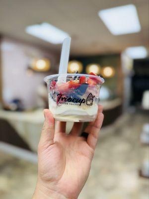 Vanilla, Horchata, Strawberry cheesecake with Oreo, granola, and gansito.