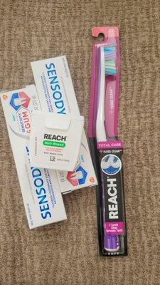Free goodies to take home for a new patient. A toothbrush, floss, and toothpaste!