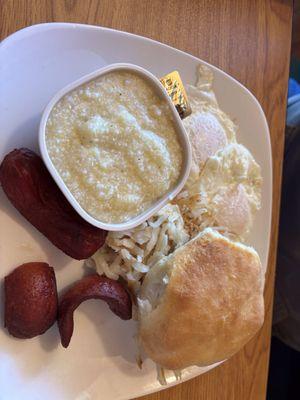 The sausage links are hotdogs I think. Grits were fantastic