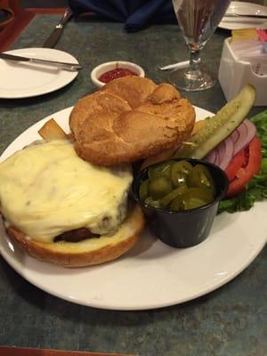 Build Your Own Burger. Pepper jack cheese, grilled onions & jalapeños with a side of fries.