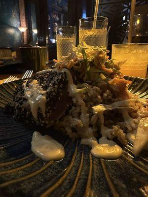 Salmon and wild rice with slaw