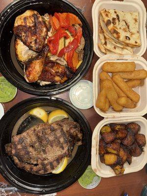 Yuka Fries Tztziki Dip Rib Eye Steak (16 Oz) Pita Bread Sauce Can Soda Grilled Vegetables Sweet Plantains 1/2 Chicken Combo
