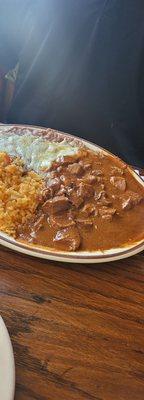 Chile Colorado, rice, beans.