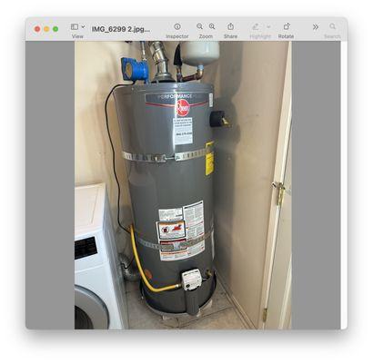 New Rheem Water Heater delivered and installed by Delta Mechanical.