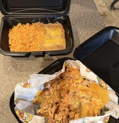 Super nachos (chicken) with a side of rice and beans