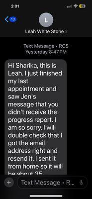 Leah saying she's sorry for not sending the records after she promised she would 9 days prior