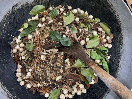 Toasting up 20 spices before blending them into a powder to make our famous specialty dish, Rendang
