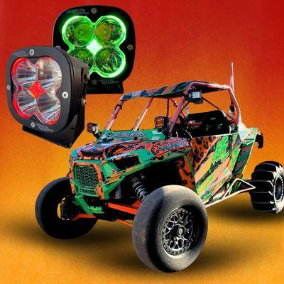 Color changing, X Pro Race Series LED light pods installed on a custom Polaris RZR build by All Terrain Concepts.