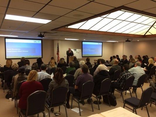 Classroom Seating, Dual Projectors, Wireless Microphones, Full AV Hookups.