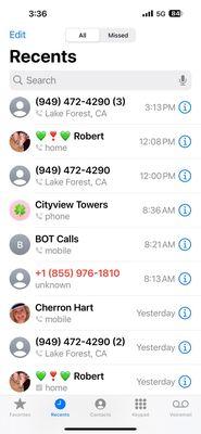 Phone log of 6 attempted calls