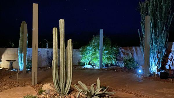 Night view with the beginning of the pergola going up. Fountain is not running in this picture.