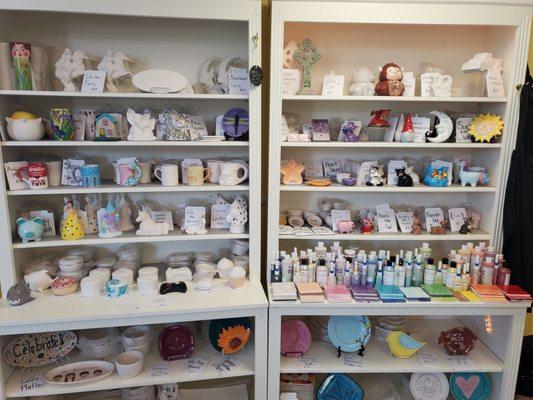 Choose your favorite (love that gnome)..paint in acrylic and take it home, or glaze paints and Creative Spark will fire it up for you!