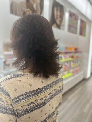 This is a Sassoon cut that is flipped out on one of my lovely clients. Maintenance on this cut is every 6-8 weeks depending on hair growth.