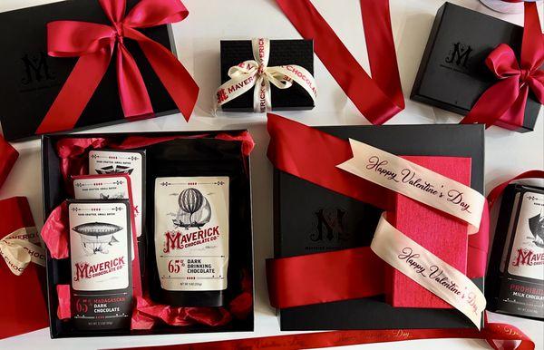 Wide variety of gift boxes available. Build your own box with your favorite bars, truffles, and drinks.