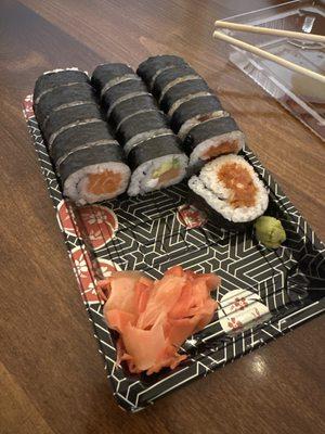 3 roll combo. Left to right: salmon, Philadelphia, spicy tuna.