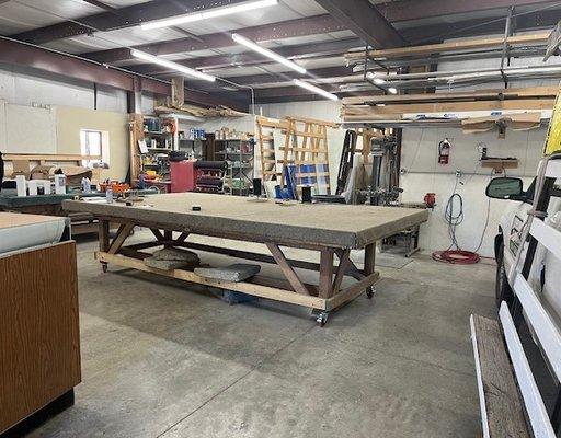 The interior of Loveland Glass. Shows our shop and glass cutting area.