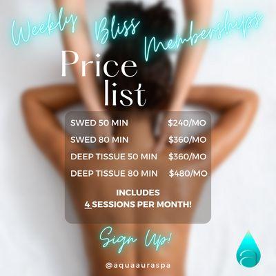 NEW Weekly Bliss Memberships are here!
Imagine the joy of getting a massage every single week... because your peace is a priority!