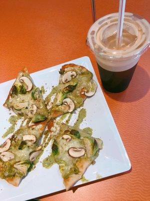 Green veggie pizza and nitro cold brew- so so so yummy!