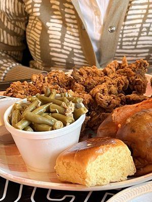 Fried Chicken Livers, green beans, baked sweet potato and rolls