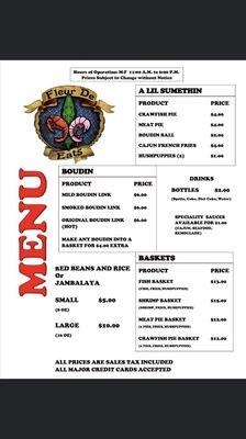 Menu and hours of operation