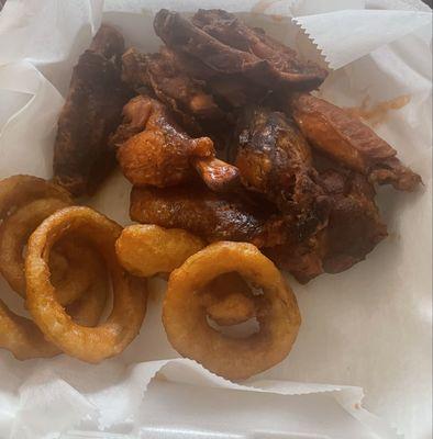 Smoked hot wings and onion rings