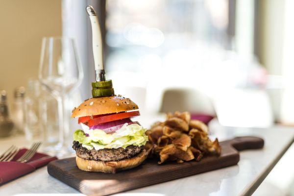 House Ground Short Rib-Brisket Burger on Toasted Brioche with Housemade Rhubarb Ketchup and Horseradish Butterchips