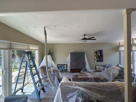 My living room ceiling during the insulation installation.