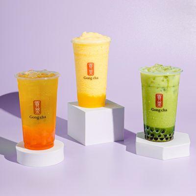 Green Tea with Star Jelley, Passionfruit Yogurt Slush with Mango Popping Pearls & Matcha Tea Latte with Pearls (boba)