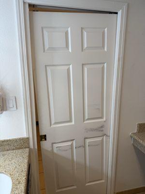 Broken doors and dirty towels less than 30 seconds on entering