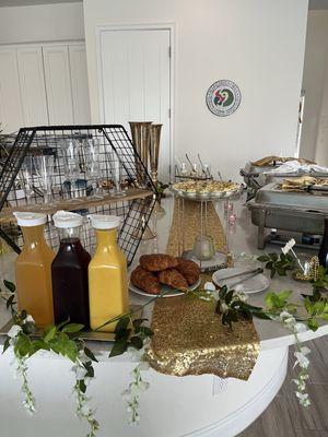 Bottomless Mimosas with Peach , Cranberry and OJ . Deviled eggs and croissants.