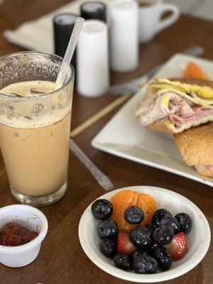 Cuban, chai latte, and fresh fruit