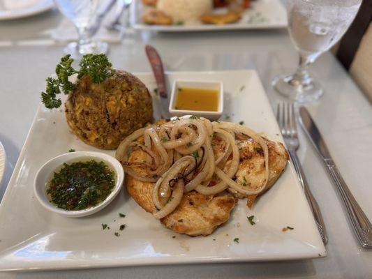 Mofongo Grilled Chicken Breast with Sauteed Onions
