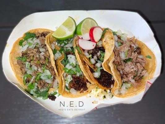 Al Pastor, Asada, Carnitas, and Chorizo Tacos