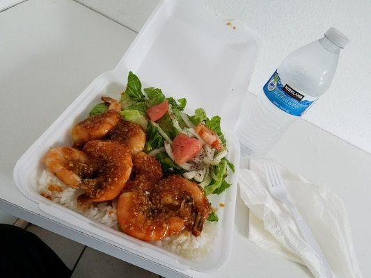 Garlic Shrimp Plate with toss salad, & white rice. Also got a bottled water. ($11.46)