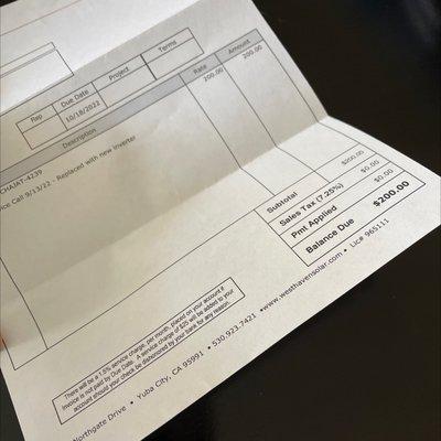 Invoice for charge less than a year old solar panels