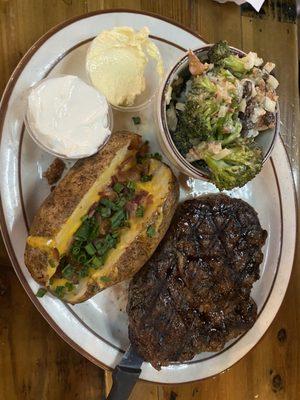 Ribeye - Baked potato and Broccoli salad