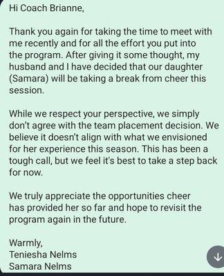 This is a photo of my communication with Coach Brianna