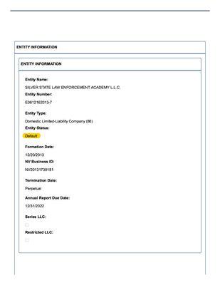 Silver State Law Enforcement Academy in Default according to NV Secretary of State..