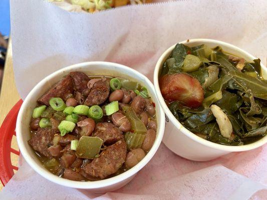 Red beans and rice (with delicious andouille sausage) and collard greens with bacon!