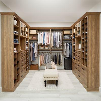 His & Her Walk-In Closet * New Natural Finish * ShoeShrine® * Dual Wardrobe Hang * Sliding Tie Rack * Sliding Belt Rack * Dresser Drawers