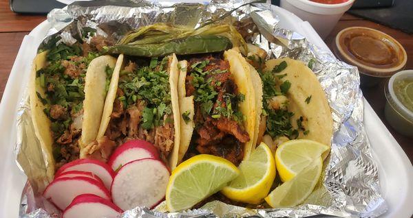 Street tacos, all dry and unseasoned. Good salsa though.