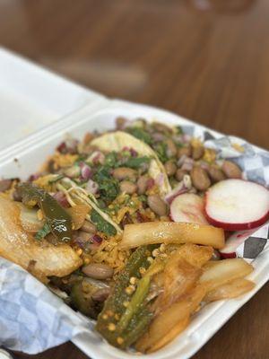 Zucchini, onion, rice, beans Veggie taco