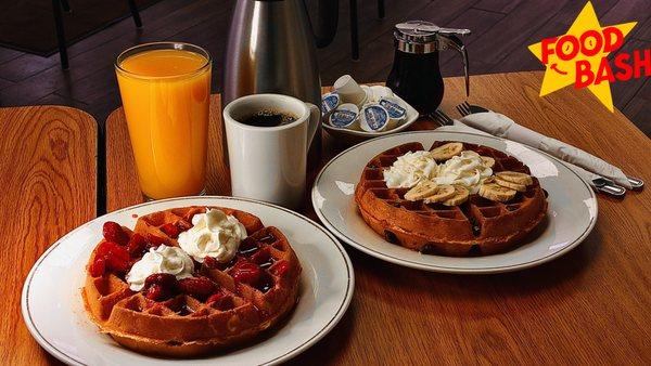 Strawberry and Chocolate Chip Waffles with a cup of warm coffee for a delightful breakfast!