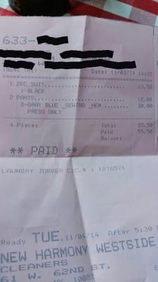 A bit pricey. Cleaning & press of 1 two-piece suit, hemming & press of 2 suit pants, total $55