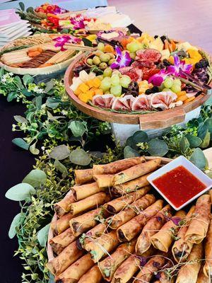 Veggie Lumpia's with sweet chili sauce; Crudités and Charcuterie Platters